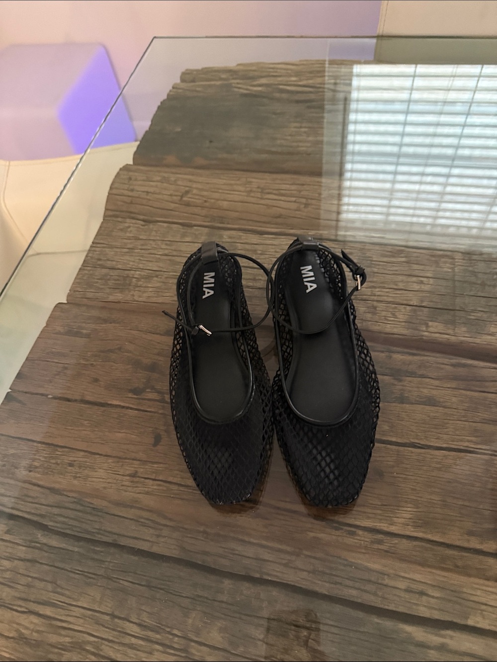 MIA Black Mesh Square-Toe Ankle-Tie Flats